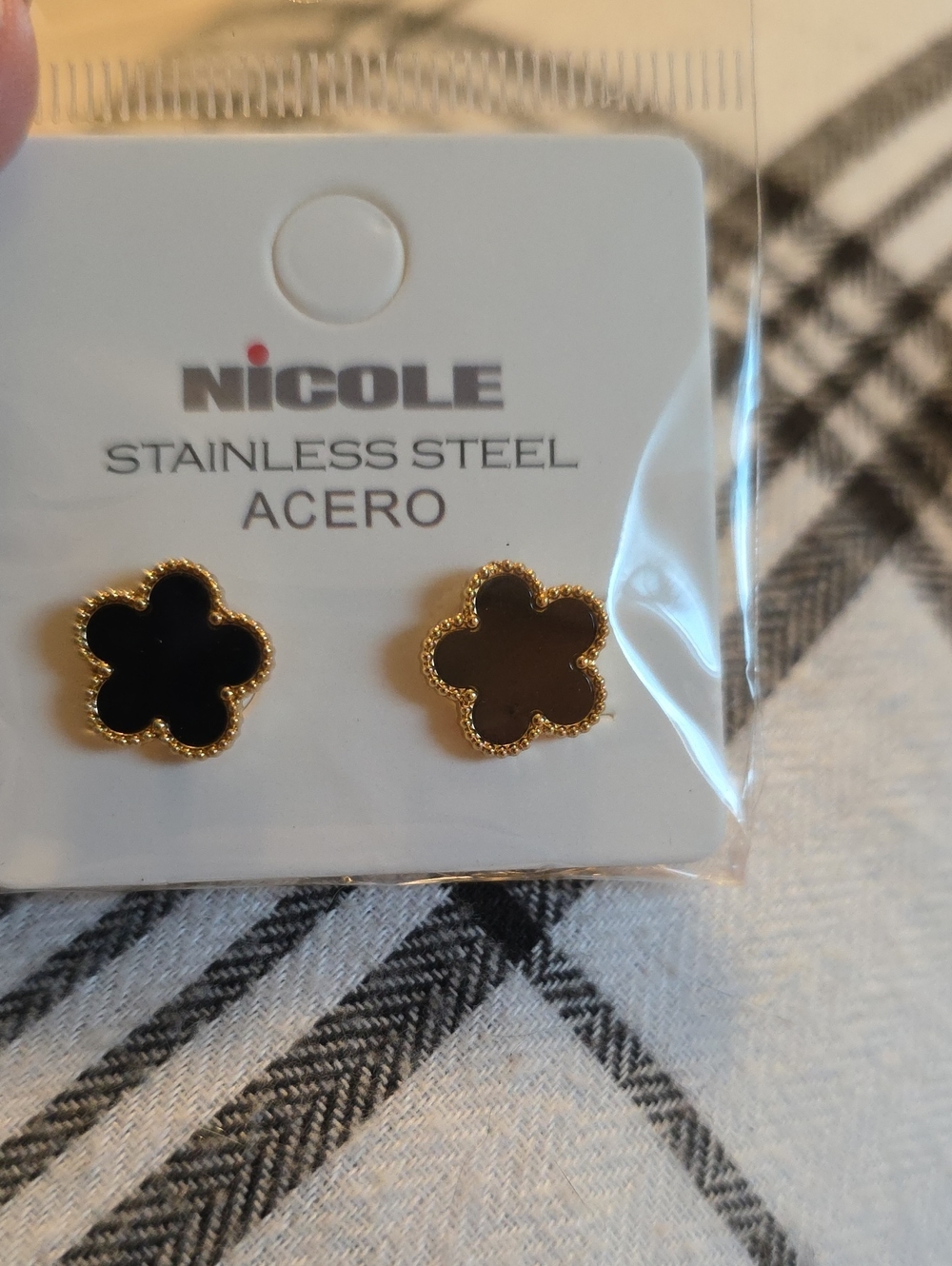 Nicole Black and Gold Clover Stud Earrings